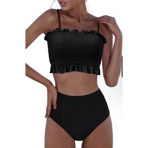 RXRXCOCO Womens Shirred Bandeau Bikini Two Piece Swimsuit Off Shoulder Black M
